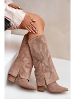 Zdobione Kozaki Z Wywiniętą Cholewką Na Słupku Ciemnobeżowe Ivilta