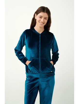 Vamp - Modrá zamatová tepláková súprava na zips 21072 - Vamp Vamp - Modrá zamatová tepláková súprava na zips 21072 - Vamp