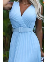 546-2 Plisované šaty so širokým pásom a výstrihom - MODRÉ 546-2 Plisované šaty so širokým pásom a výstrihom - MODRÉ