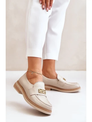 Zazoo 20174 Skórzane Eleganckie Półbuty Damskie Na Płaskim Obcasie Beżowe