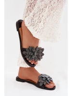 Dámské ploché pantofle s ozdobou černé Grelora