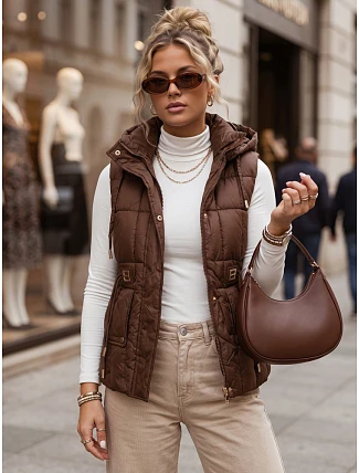 Dámska prešívaná vesta s kapucňou, hnedá, FashionStreet TY5975