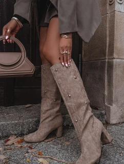 Kozaki Damskie Ocieplane Na Słupku Z Ozdobnymi Detalami Beżowe Lucinda