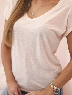 Dámska bavlnená blúzka s véčkovým výstrihom a krátkymi rukávmi púdrovo ružová