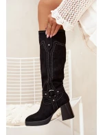 Ocieplane Kozaki Damskie Na Słupku Z Przeszyciami Czarne Alessara