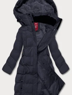 Dámska dlhá zimná bunda s kožušinou, tmavomodrá (2M-025)
