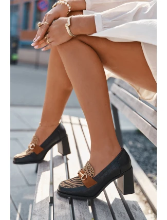 Półbuty Damskie Na Słupku Z Tłoczeniem I Złotym Detalem Czarno-Beżowe Novella