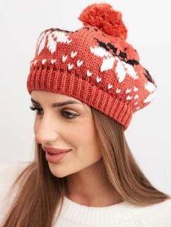 Dámska zimná vlnená čiapka s motívom snehovej vločky a bambulou K457 hnedá
