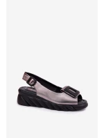 Skórzane Sandały Damskie Na Koturnie z Ozdobą Artiker 56C2158 Grafitowe