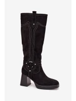 Ocieplane Kozaki Damskie Na Słupku Z Przeszyciami Czarne Alessara