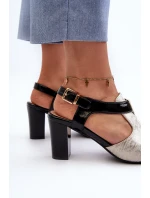 Sandały Damskie Na Słupku Z Eko Skóry Złoto-Czarne Queenmarie