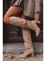 Kozaki Damskie Ocieplane Na Słupku Z Ozdobnymi Detalami Beżowe Lucinda