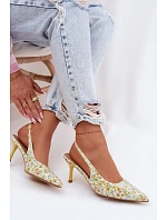Zdobené dámské sandály na podpatku s květinovým vzorem Žluté Olivelle