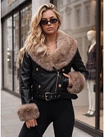 Dámska zimná kožená bunda s kožušinou, čierna, FashionStreet TY5981 Dámska zimná kožená bunda s kožušinou, čierna, FashionStreet TY5981