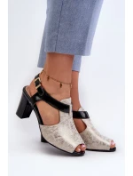 Sandały Damskie Na Słupku Z Eko Skóry Złoto-Czarne Queenmarie