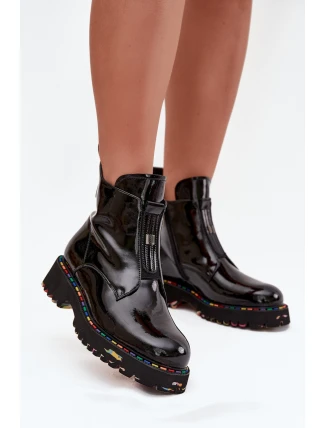 Lakierowane Botki Damskie Z Naturalnej Skóry Ocieplane Artiker 57C0166 Czarne