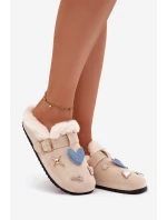 Dámské pantofle s ozdobami a sponou zateplené kožešinou béžové Thalora