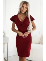 479-7 NINA elegantné šaty s obálkovým výstrihom, rukávmi a opaskom - Bordeaux