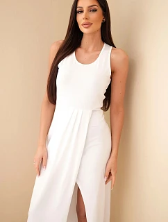Dámske bavlnené midi šaty bez rukávov s riasením biele