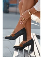 Półbuty Damskie Na Słupku Z Tłoczeniem I Złotym Detalem Czarno-Beżowe Novella