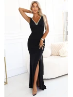 623-1 Večerné maxi šaty s rozparkom, čipkou a ozdobným výstrihom - čierne 623-1 Večerné maxi šaty s rozparkom, čipkou a ozdobným výstrihom - čierne