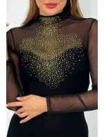 Pletené šaty s tylovými rukávmi a výstrihom čierny