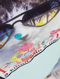 Blúzka s 3D grafikou mačky v mätovej farbe