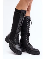 Kozaki Damskie Sznurowane Z Elastyczną Cholewką Czarne Virxinia