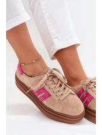 Sneakersy Damskie Na Platformie Z Naturalnego Zamszu Beżowo-Różowe Eldira