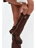 Kozaki Damskie Z Wywiniętą Cholewką Klamrą I Srebrnym Zamkiem Ocieplane Brązowe Bressa