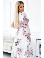 436-2 VALENTINA Midi šaty s výstrihom a opaskom - BIELE S RUŽOVOU 436-2 VALENTINA Midi šaty s výstrihom a opaskom - BIELE S RUŽOVOU