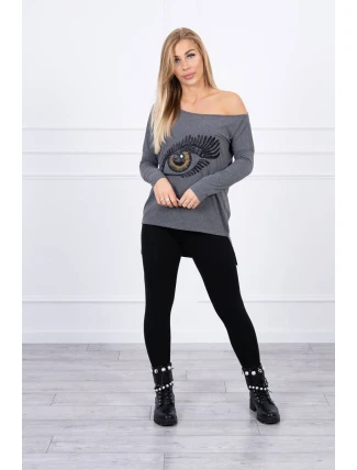 Blúzka s potlačou a dlhším chrbtom v grafitovej farbe