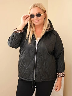 Dámska bunda vo veľkosti Plus Size s kapucňou a leopardovým lemovaním, čierna