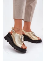 Skórzane Sandały Damskie Na Koturnie Z Ozdobą Artiker 56C0109 Złote