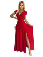 CRYSTAL - Dlhé červené lesklé dámske šaty s výstrihom 411-2