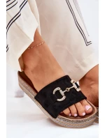 Klapki Damskie Na Platformie Ze Złotą Ozdobą I Brokatem Czarne Morisela