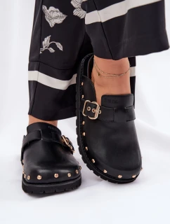 Skórzane Klapki Chodaki Damskie Na Platformie Big Star RR274A378 Czarne