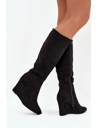 Ocieplane Kozaki Damskie Na Koturnie Czarne Rosina