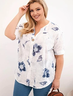 Dámske Plus veľkosť bavlnená blúzka s kvetinovým vzorom biela