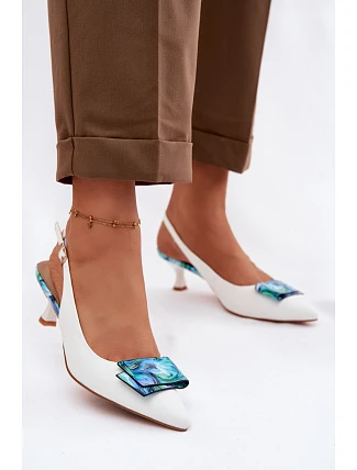 Kožené dámské lodičky na podpatku s ozdobou D&A LZ61-2006 Bílé