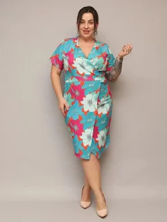 Kvetované obálkové šaty s dĺžkou po kolená zeleno-oranžové (742)