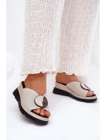 Skórzane Klapki Damskie Z Ozdobą S.Barski LR51-662 Beżowe