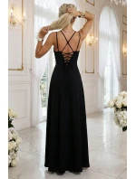 589-5 Maxi šaty bez ramienok s korzetovým zaväzovaním vzadu a rozparkom - čierne