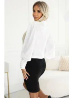 578-2 Wyjątkowa biznesowa bluzka z długim rękawkiem, wiązaniem i guzikami - biała w srebrny wzór