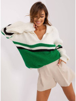 Ecru-zelený voľný sveter s golierom a vlneným lemom (8054)