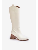 Skórzane Kozaki Przed Kolano Na Słupku Zazoo 3675 Białe