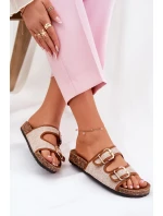 Materiałowe Klapki Damskie Na Korkowej Platformie Z Klamrami Camel Osoffe