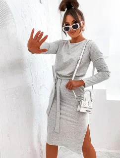 Šedé dámske midi šaty s opaskom (773)