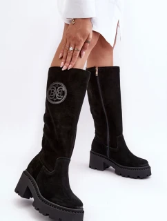 Damskie Zamszowe Kozaki Przed Kolano Czarne Lewski 3367