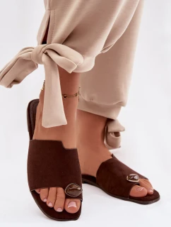 Dámské ploché pantofle s ozdobným detailem z eko semiše Čokoládové Selavine